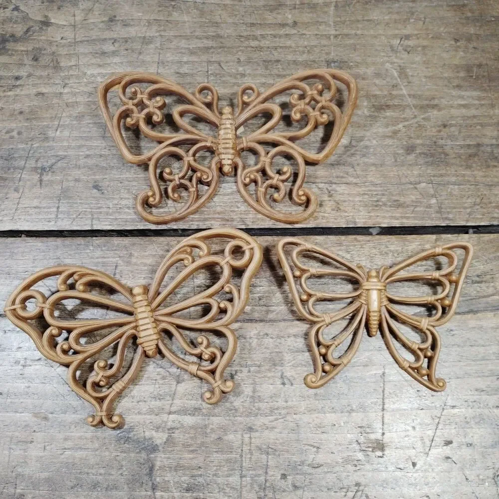 Three Homco Syroco Butterfly Faux Wood Wicker Wall Decor Set Vintage Brown